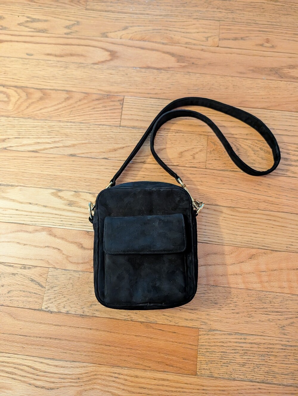 Vintage 90s Y2K Neiman Marcus Collection Black Suede Crossbody Bag Purse Gold